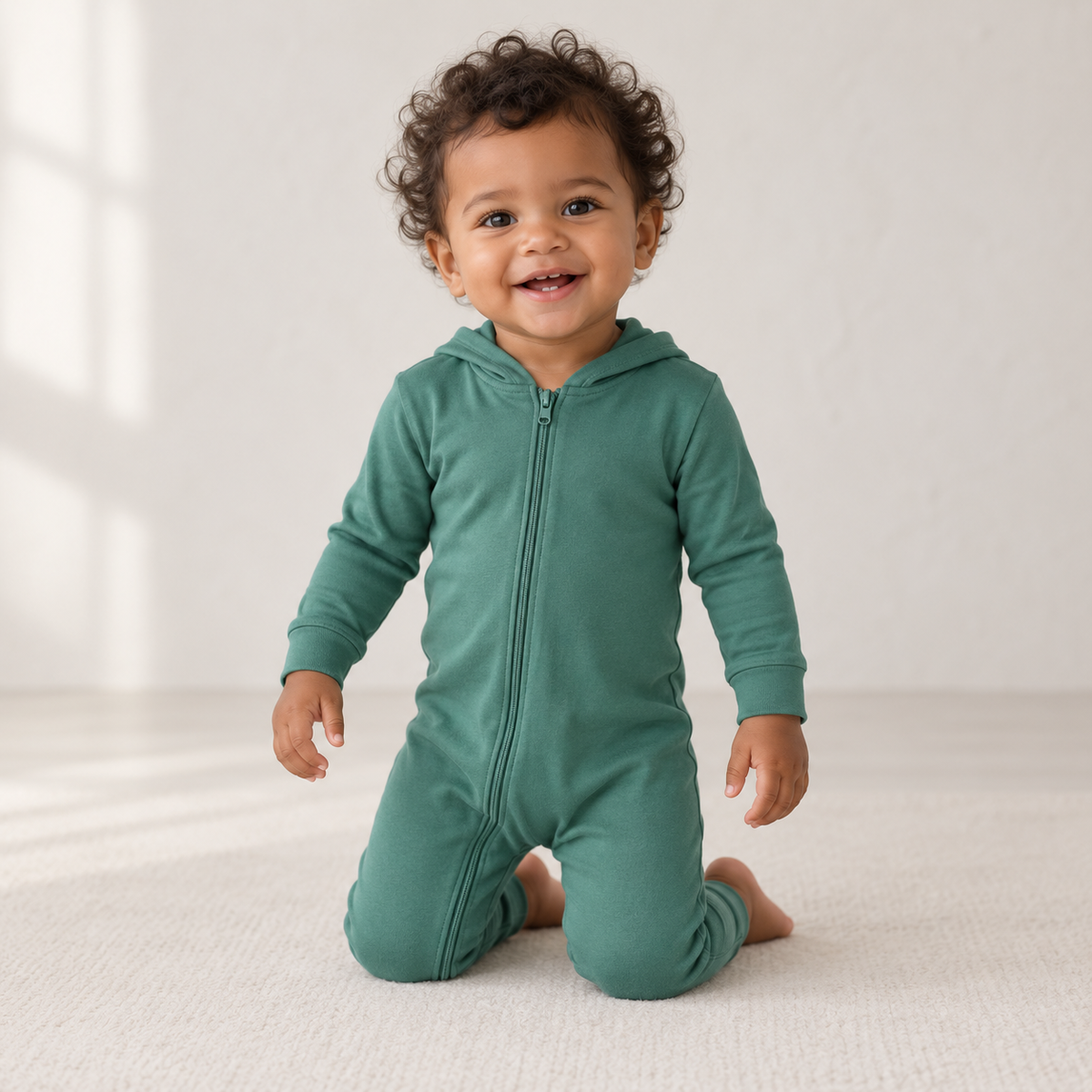 Child wearing the Modern Burlap organic hoodie zip coverall in Pine Green
