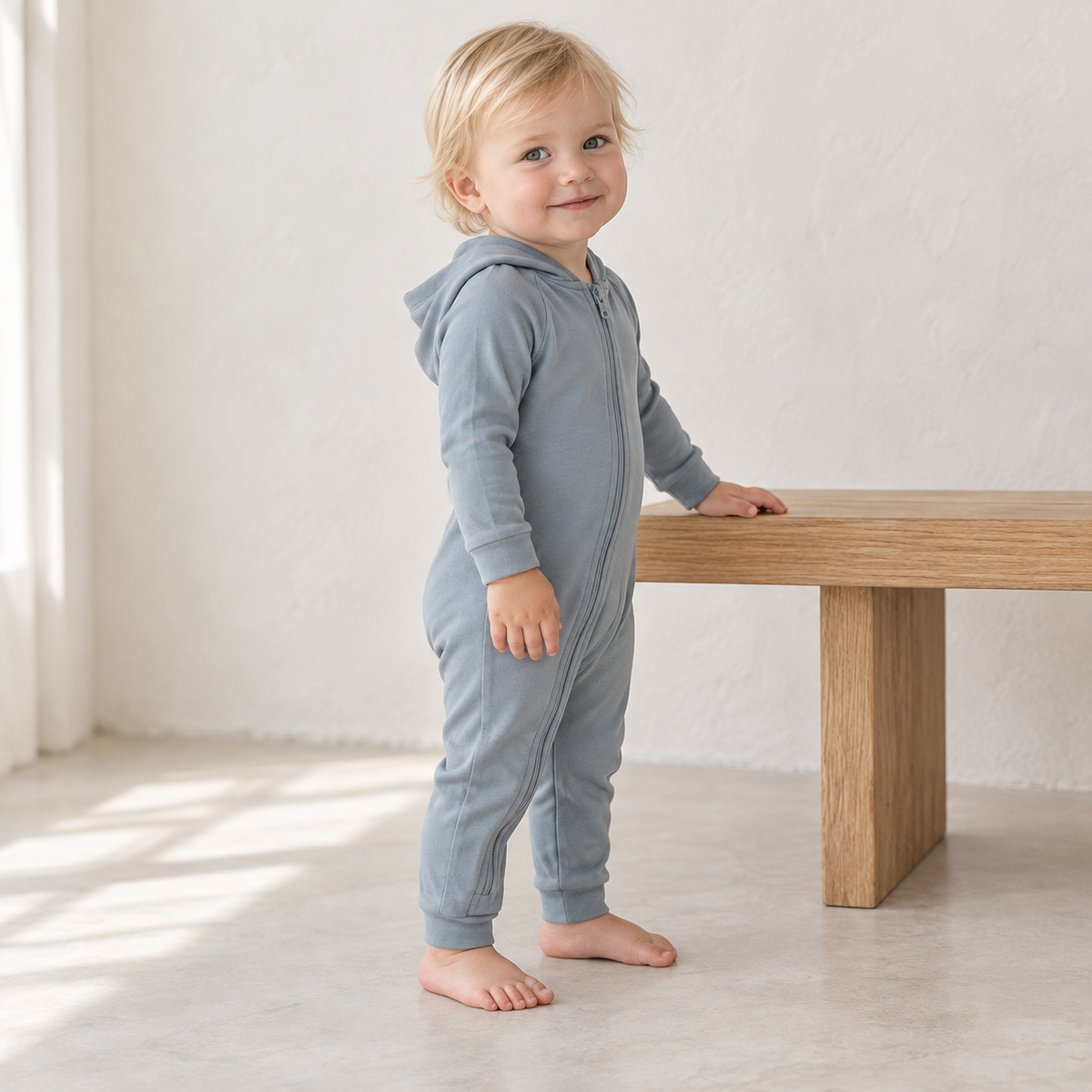 Child wearing the Modern Burlap organic hoodie zip coverall in Tradewinds