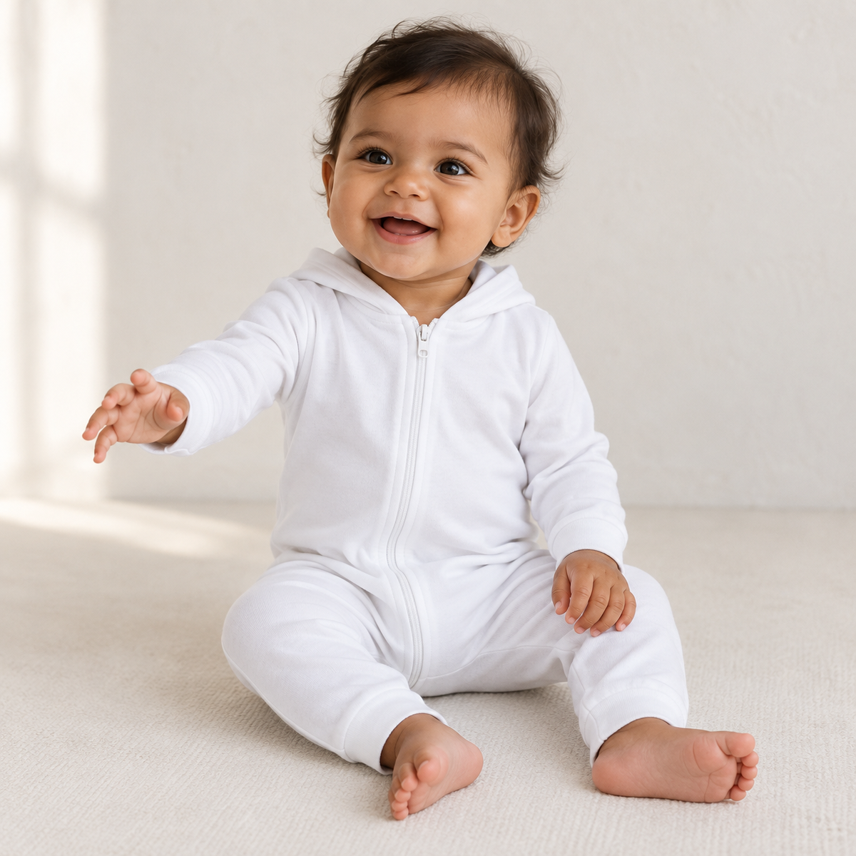 Child wearing the Modern Burlap organic hoodie zip coverall in White