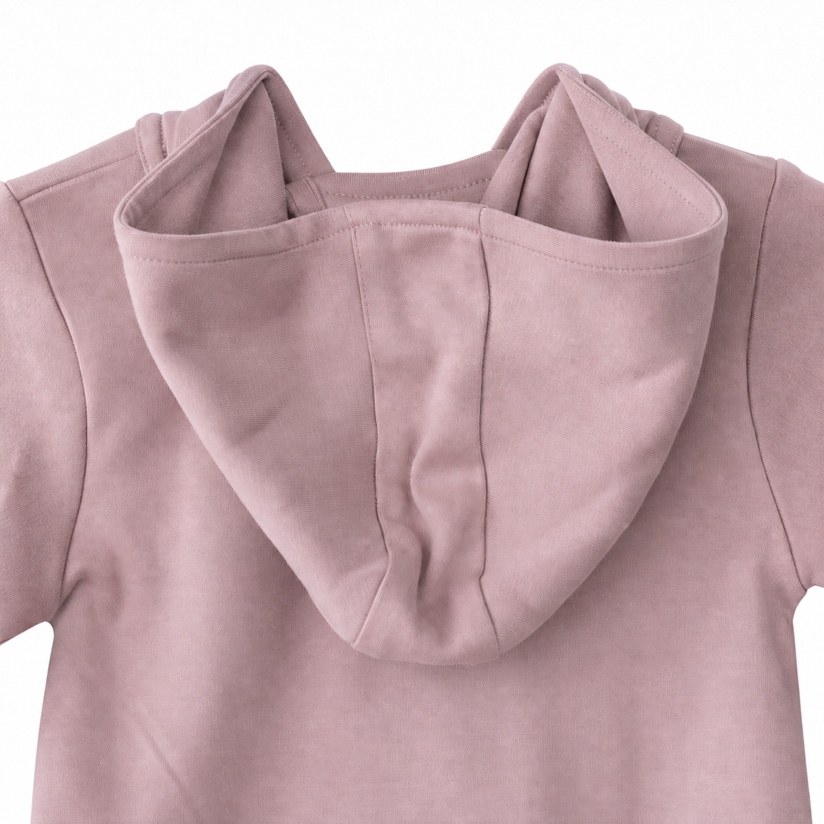 Mauve coverall hood close-up showing two seams and center panel