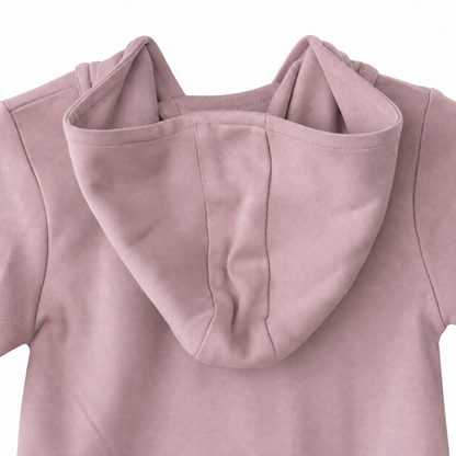 Mauve coverall hood close-up showing two seams and center panel