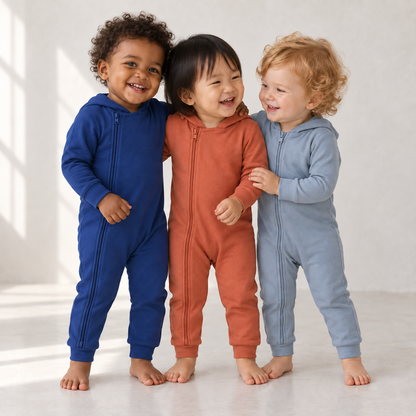 Three toddlers in Navy Peony, Aragon and Tradewinds hooded zip coveralls; AI-generated studio photograph.