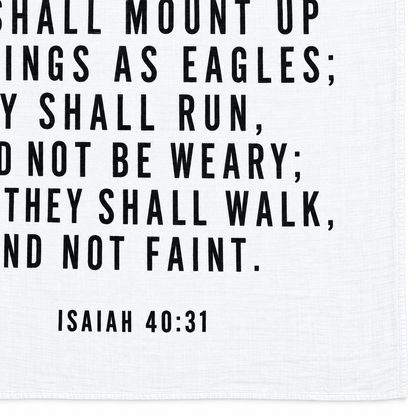 Isaiah 40:31 Scripture swaddle detail showing the printed lettering and hem.