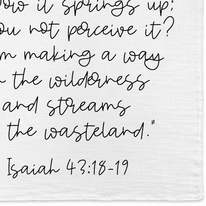 Isaiah 43:18-19 Scripture swaddle detail showing the printed lettering and hem.