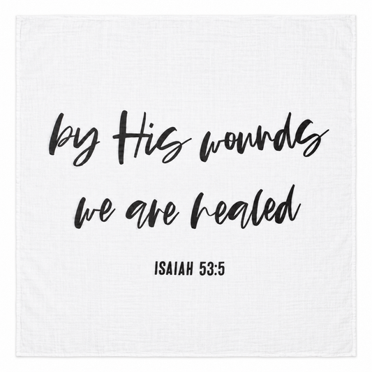 Isaiah 53:5 Scripture Swaddle + Wall Art shown fully open and flat on a white background.