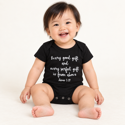 Baby wearing the James 1:17 black short sleeve bodysuit with white lettering
