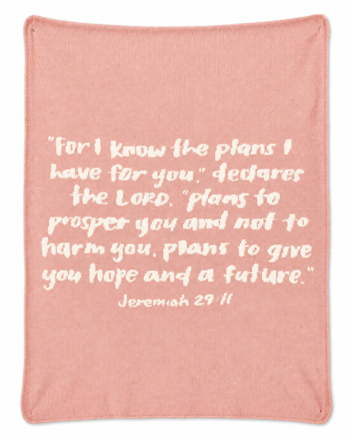 Jeremiah 29:11 recycled cotton knit blanket in Cameo Pink, full front studio view on white.