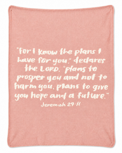Jeremiah 29:11 recycled cotton knit blanket in Cameo Pink, full front studio view on white.