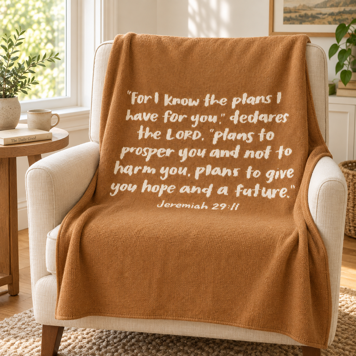 Caramel Jeremiah 29:11 knit blanket styled on an ivory reading armchair.