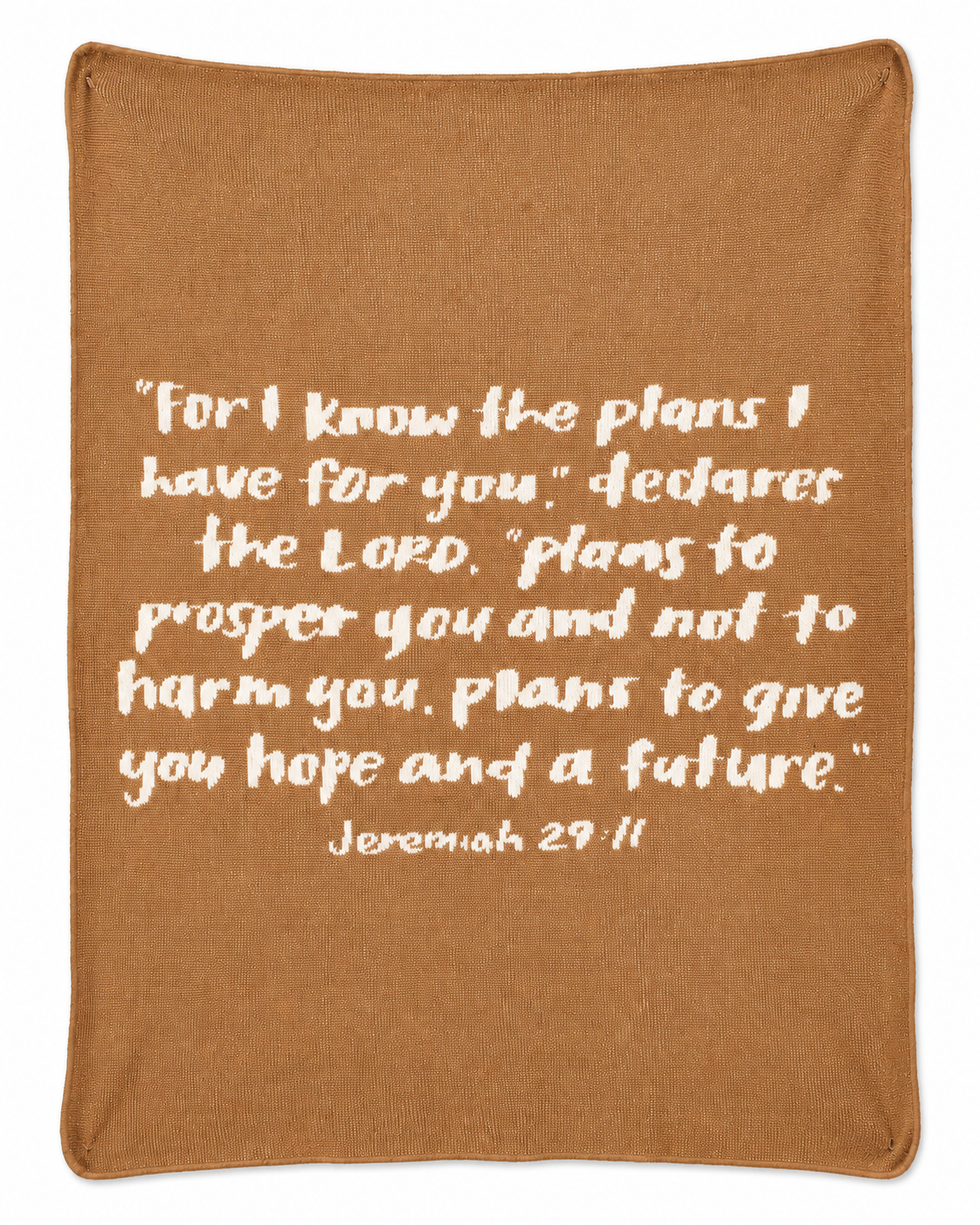Jeremiah 29:11 recycled cotton knit blanket in Caramel, full front studio view on white.