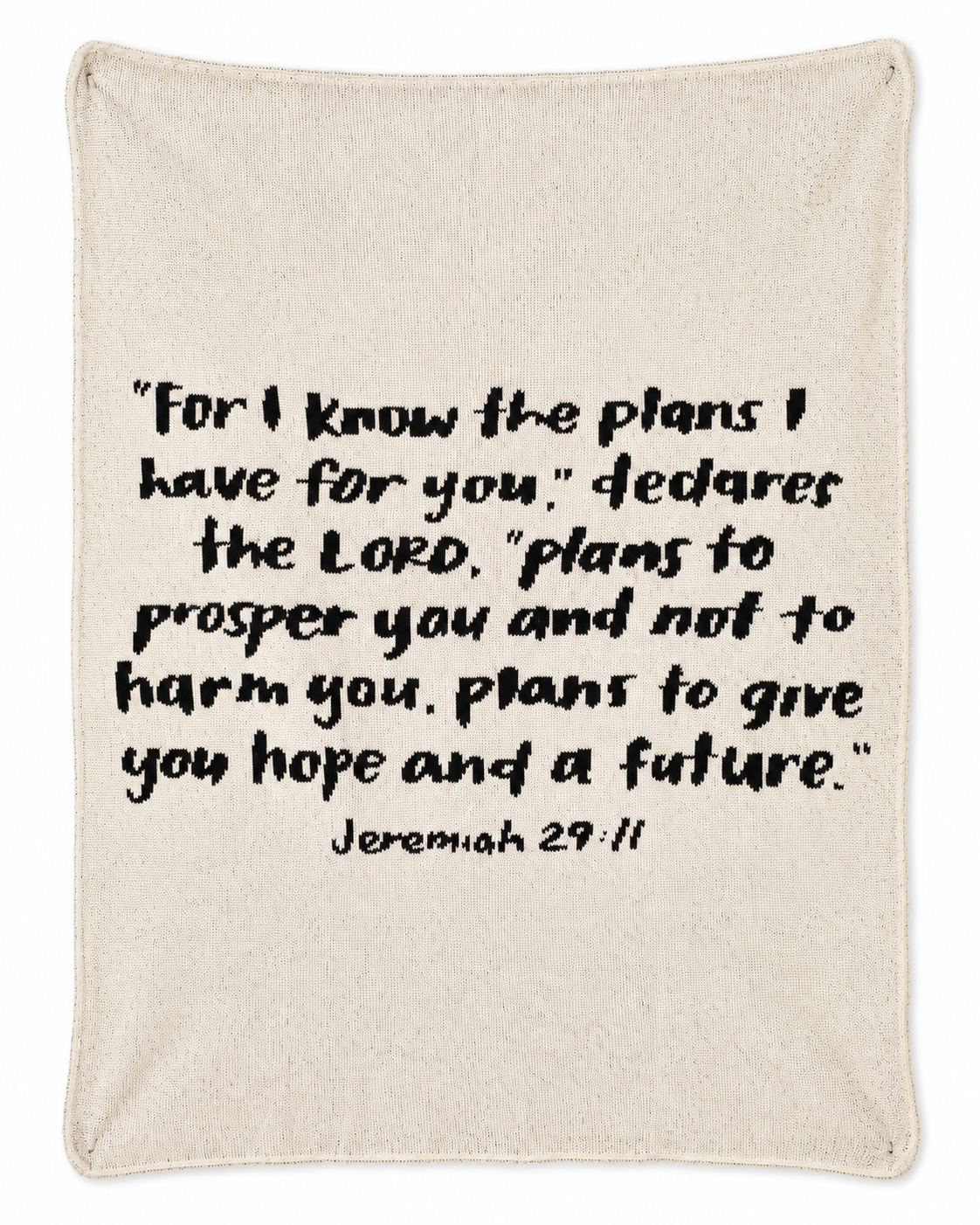 Jeremiah 29:11 recycled cotton knit blanket in Natural, full front studio view on white.