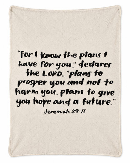 Jeremiah 29:11 recycled cotton knit blanket in Natural, full front studio view on white.
