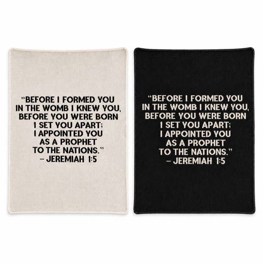 Jeremiah 1:5 block-lettered knit blankets in Natural and Black, shown together at matching scale. Each sold separately.