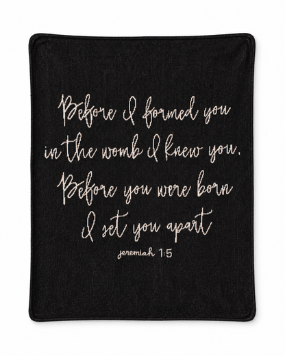 Jeremiah 1:5 Classic knit blanket in Black, full design on white.