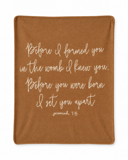 Jeremiah 1:5 Classic knit blanket in Caramel, full design on white.