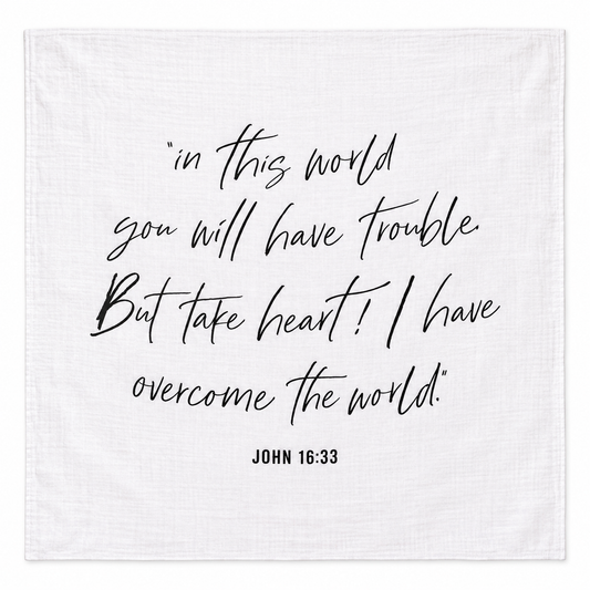 John 16:33 Scripture Swaddle + Wall Art shown fully open and flat on a white background.