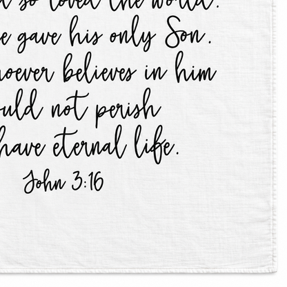 John 3:16 Scripture swaddle detail showing the printed lettering and hem.