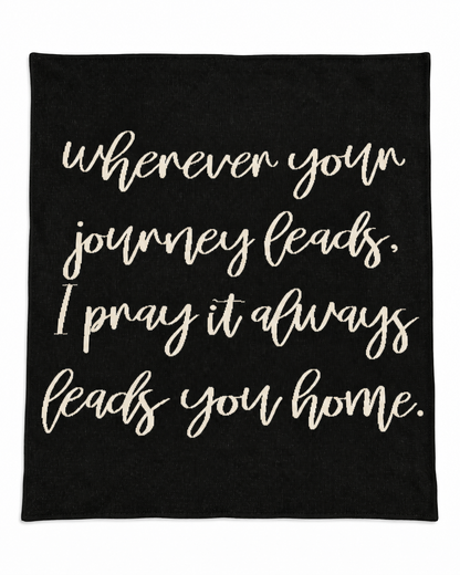 Wherever Your Journey knit blanket in Black, full design on white.