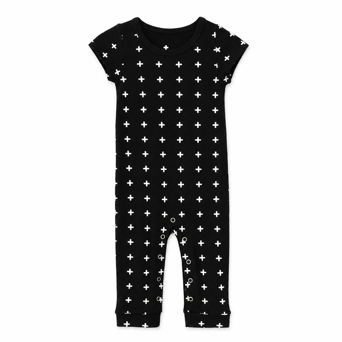 Modern Burlap organic short sleeve Explorer Back jumpsuit, White on Black Swiss Cross, full front studio view