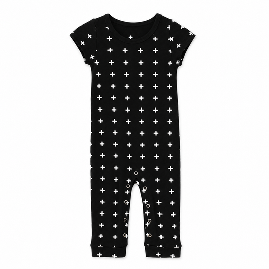 Modern Burlap organic short sleeve Explorer Back jumpsuit, White on Black Swiss Cross, full front studio view