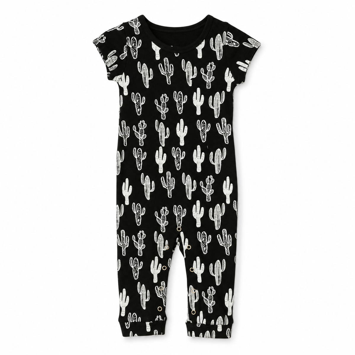 Modern Burlap organic short sleeve Explorer Back jumpsuit, White on Black Cactus, full front studio view