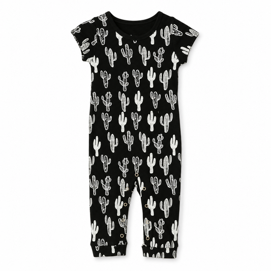 Modern Burlap organic short sleeve Explorer Back jumpsuit, White on Black Cactus, full front studio view