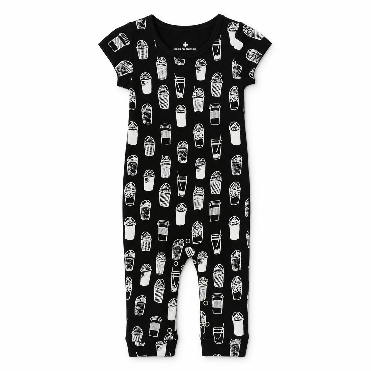 Modern Burlap organic short sleeve Explorer Back jumpsuit, White on Black Coffee Love, full front studio view