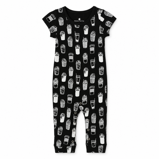Modern Burlap organic short sleeve Explorer Back jumpsuit, White on Black Coffee Love, full front studio view