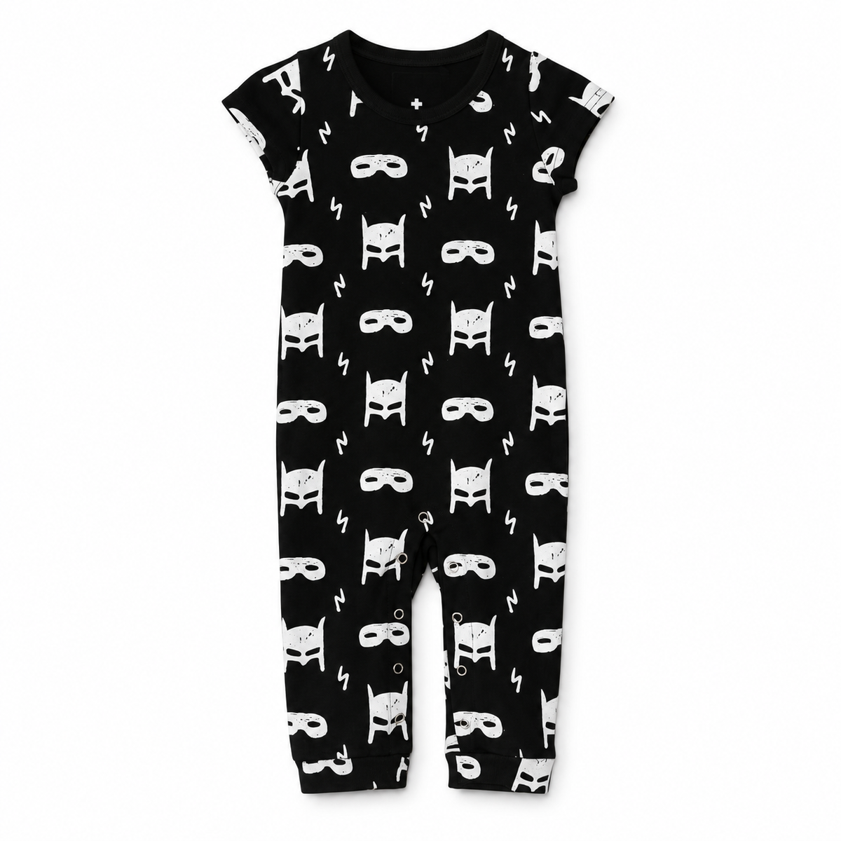 Modern Burlap organic short sleeve Explorer Back jumpsuit, White on Black Hero Struck, full front studio view