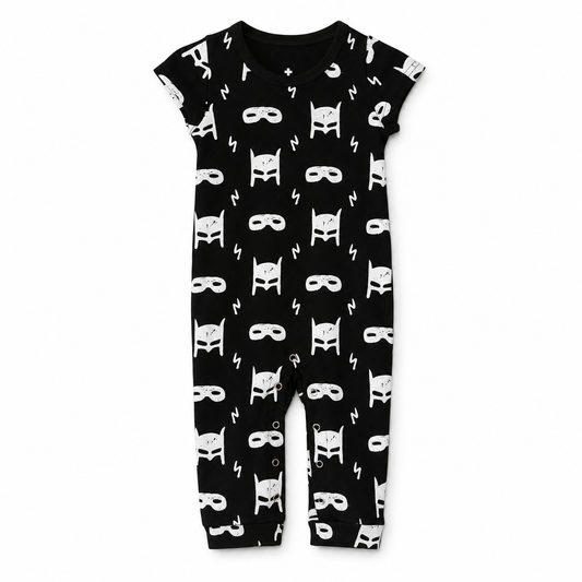 Modern Burlap organic short sleeve Explorer Back jumpsuit, White on Black Hero Struck, full front studio view