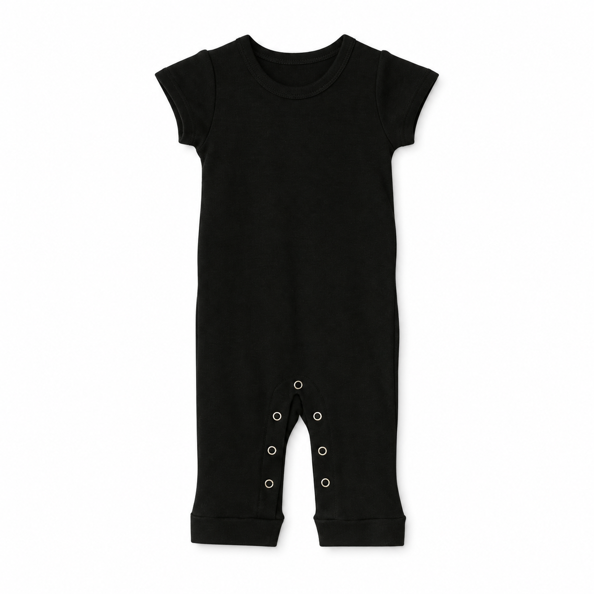 Modern Burlap organic short sleeve Explorer Back jumpsuit, Black, full front studio view