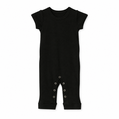 Modern Burlap organic short sleeve Explorer Back jumpsuit, Black, full front studio view