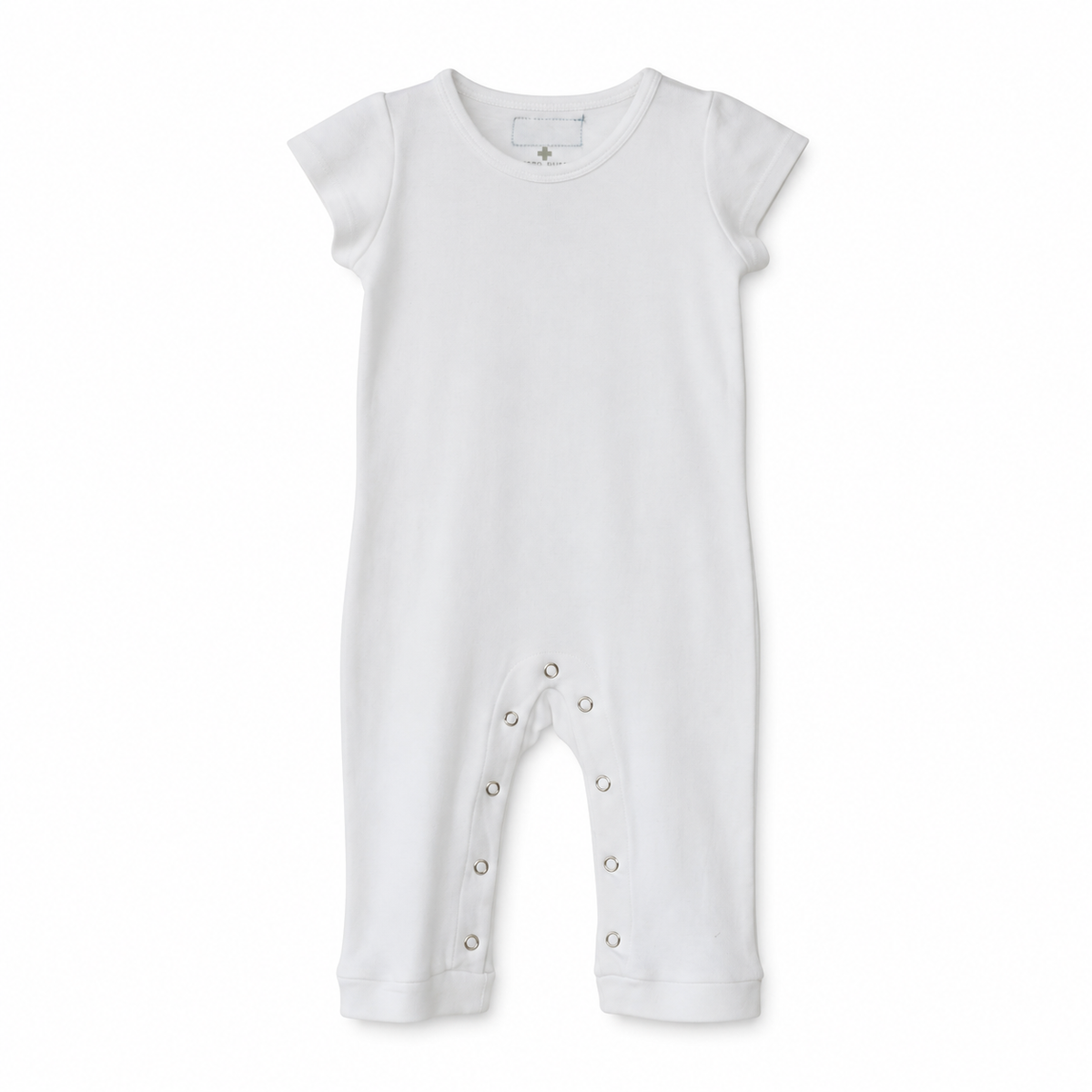 Modern Burlap organic short sleeve Explorer Back jumpsuit, White, full front studio view