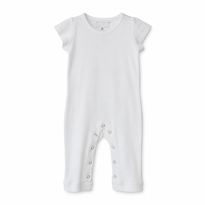 Modern Burlap organic short sleeve Explorer Back jumpsuit, White, full front studio view