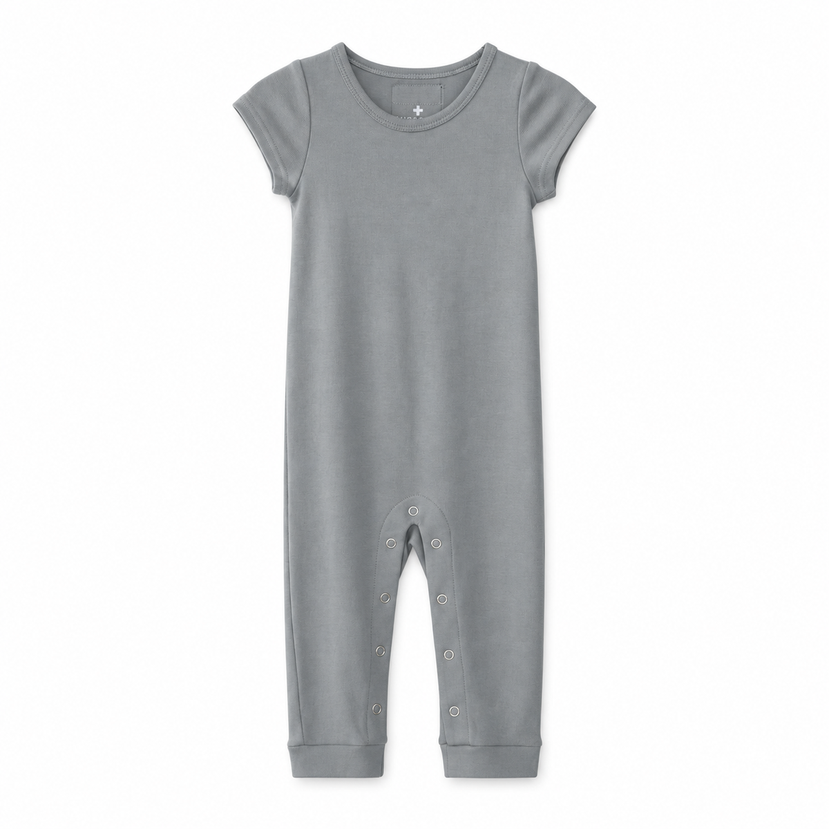 Modern Burlap organic short sleeve Explorer Back jumpsuit, Neutral Gray, full front studio view