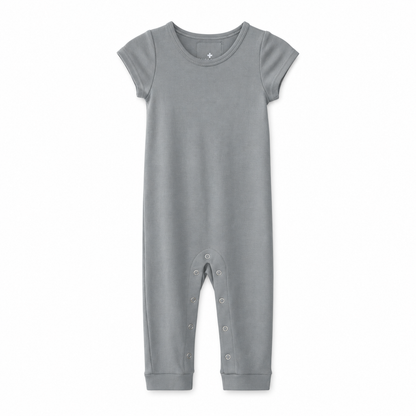 Modern Burlap organic short sleeve Explorer Back jumpsuit, Neutral Gray, full front studio view