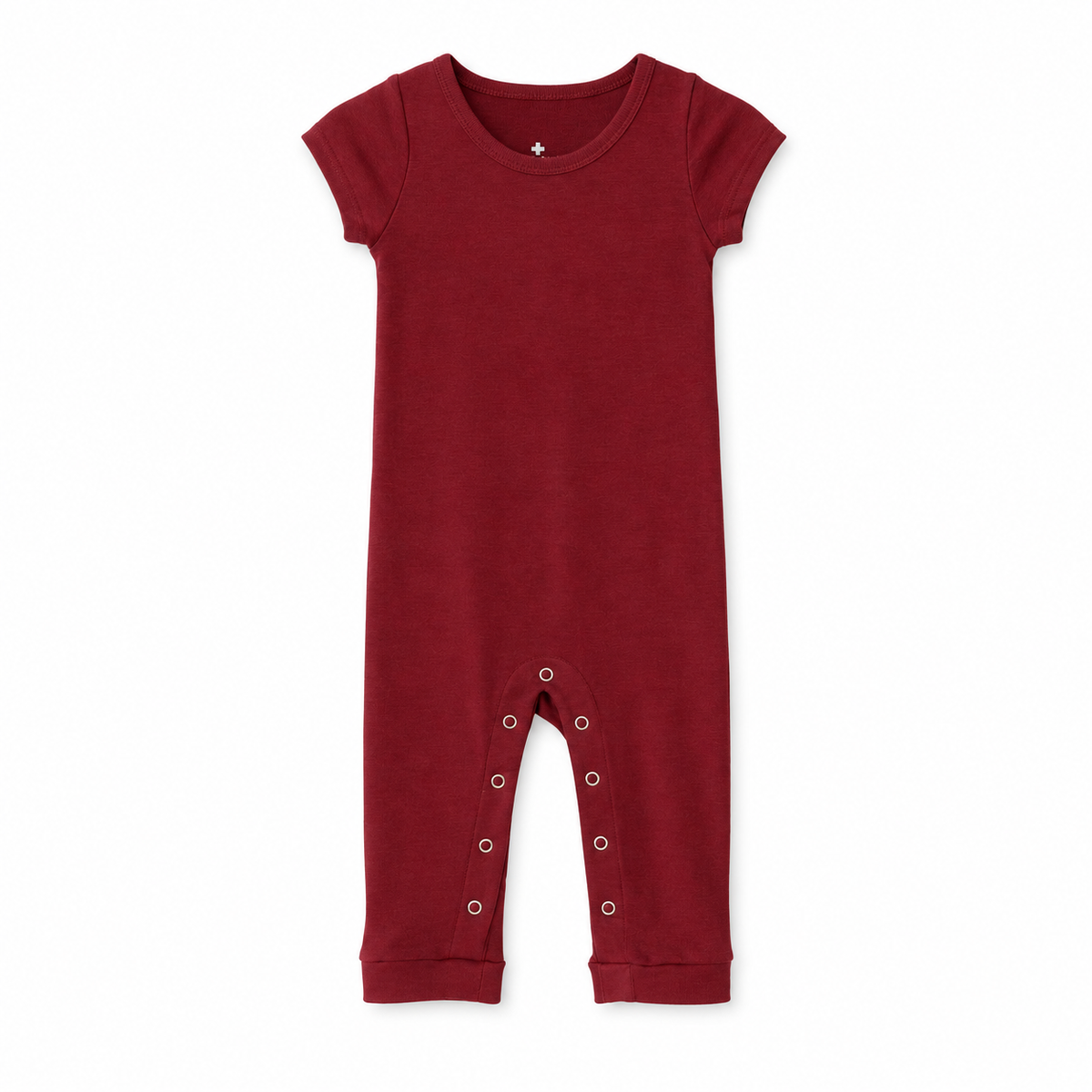 Modern Burlap organic short sleeve Explorer Back jumpsuit, Maroon, full front studio view