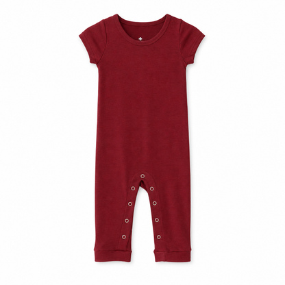 Modern Burlap organic short sleeve Explorer Back jumpsuit, Maroon, full front studio view