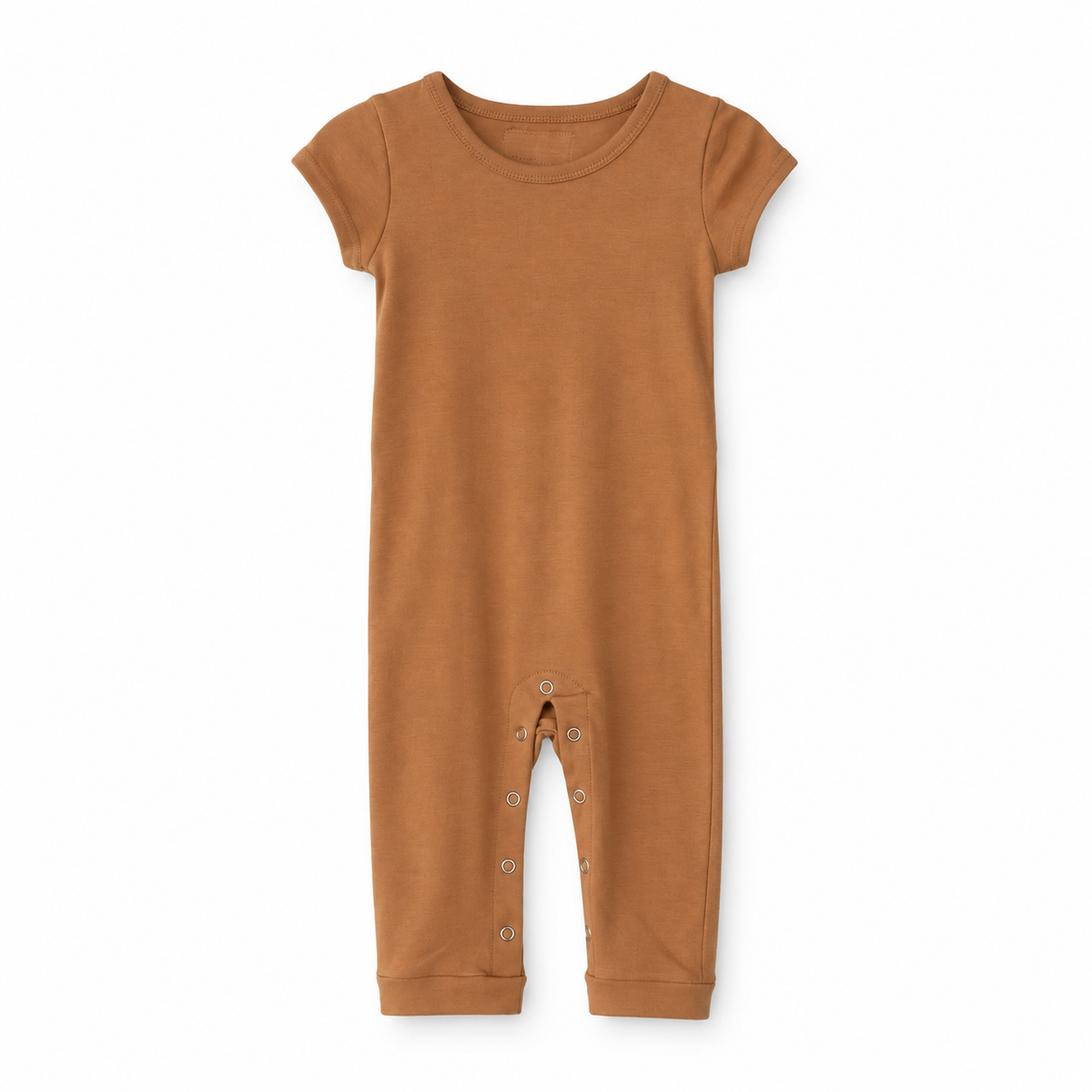 Modern Burlap organic short sleeve Explorer Back jumpsuit, Ginger, full front studio view