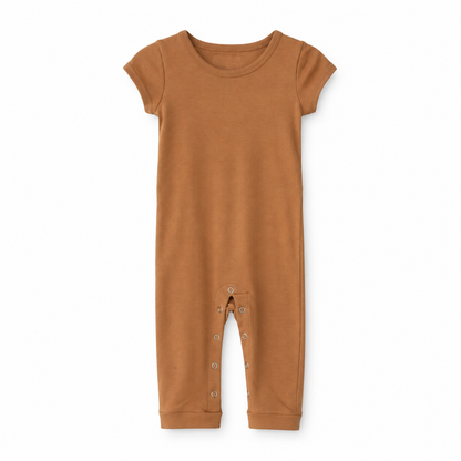 Modern Burlap organic short sleeve Explorer Back jumpsuit, Ginger, full front studio view