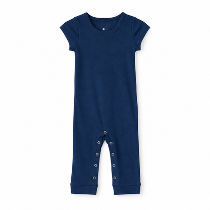 Modern Burlap organic short sleeve Explorer Back jumpsuit, Navy Peony, full front studio view