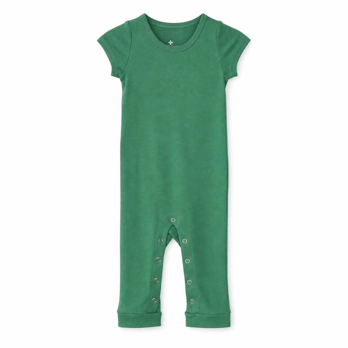 Modern Burlap organic short sleeve Explorer Back jumpsuit, Pine Green, full front studio view