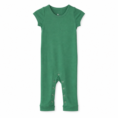 Modern Burlap organic short sleeve Explorer Back jumpsuit, Pine Green, full front studio view