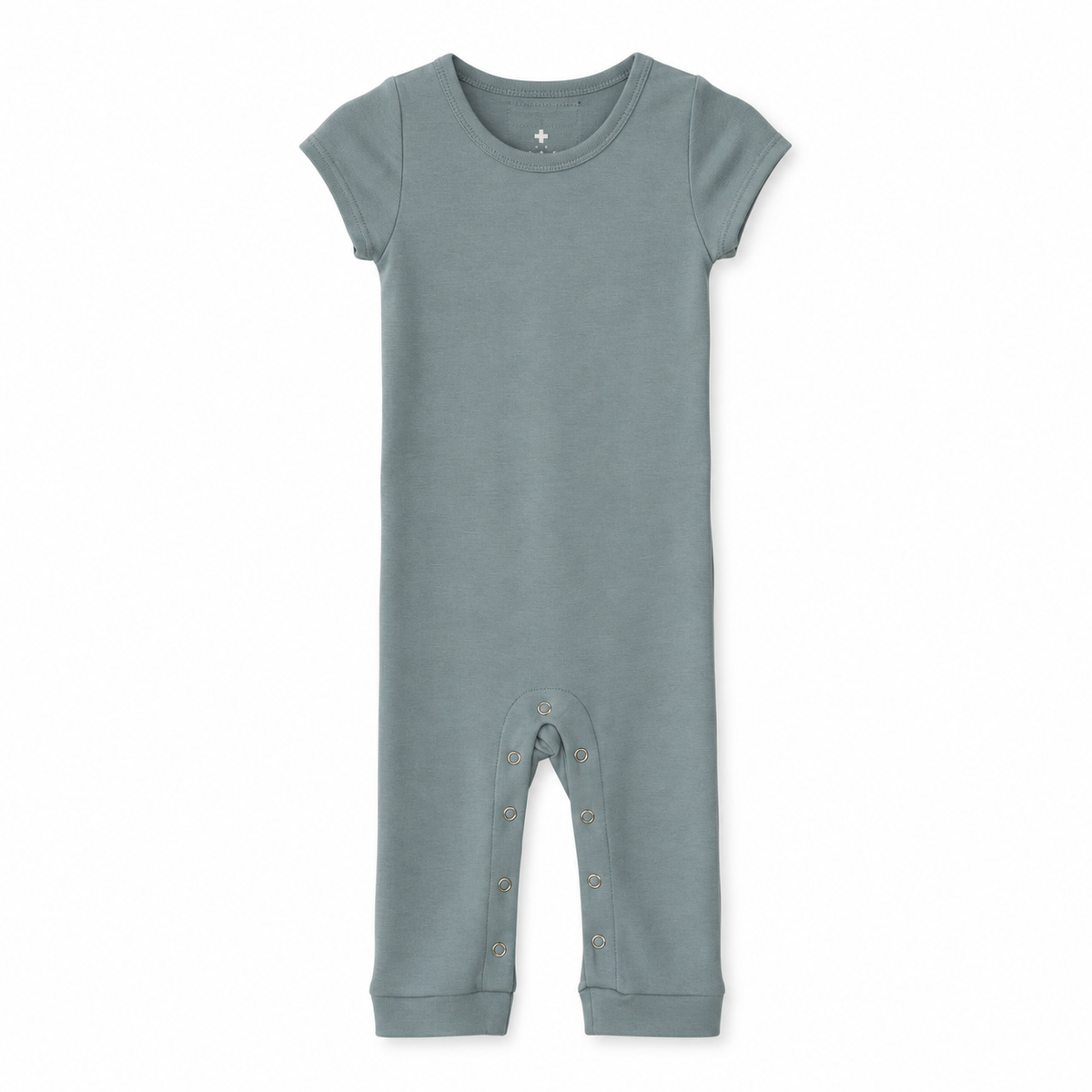 Modern Burlap organic short sleeve Explorer Back jumpsuit, Tradewinds, full front studio view