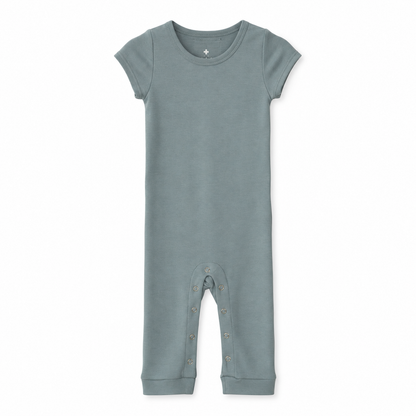 Modern Burlap organic short sleeve Explorer Back jumpsuit, Tradewinds, full front studio view