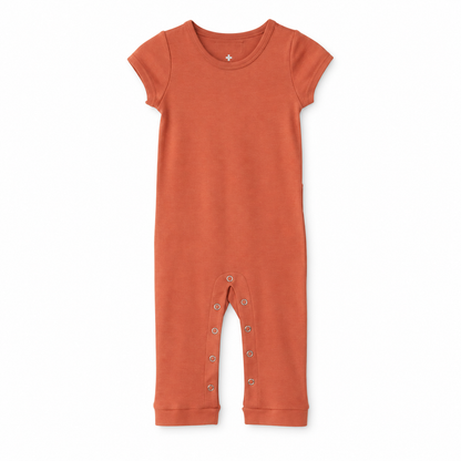 Modern Burlap organic short sleeve Explorer Back jumpsuit, Aragon, full front studio view