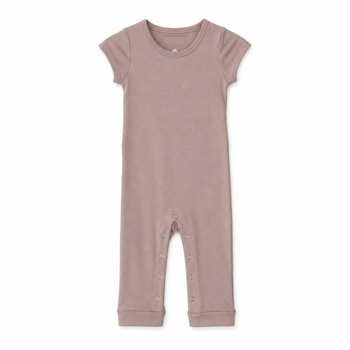 Modern Burlap organic short sleeve Explorer Back jumpsuit, Mauve, full front studio view