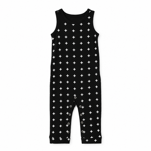 Modern Burlap organic tank Explorer Back jumpsuit, White on Black Swiss Cross, full front studio view