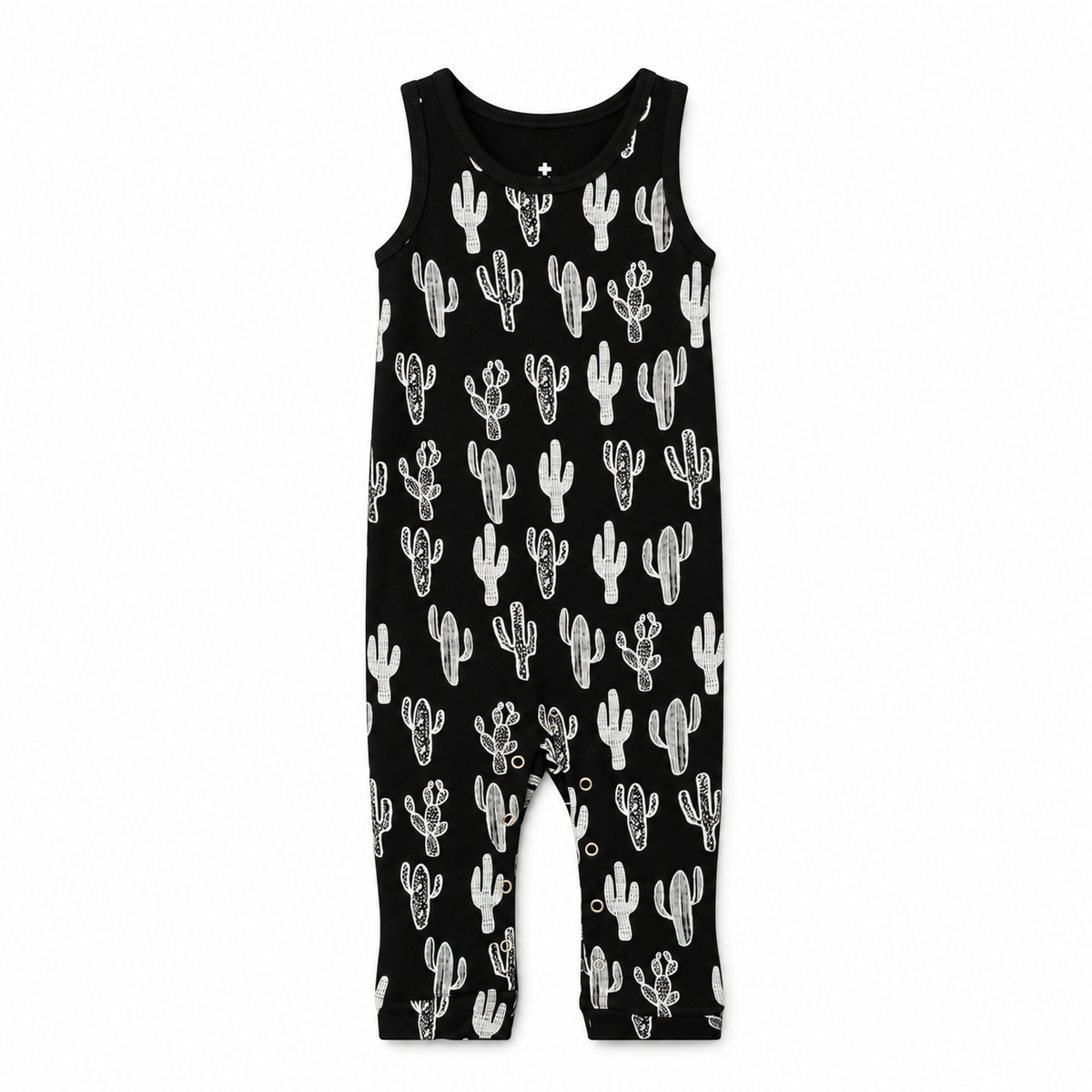 Modern Burlap organic tank Explorer Back jumpsuit, White on Black Cactus, full front studio view