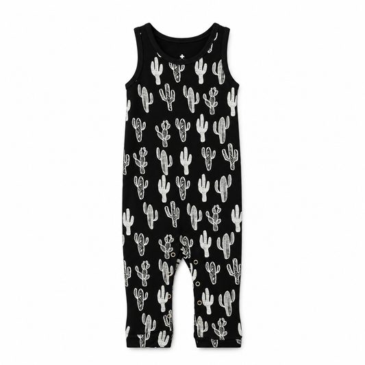 Modern Burlap organic tank Explorer Back jumpsuit, White on Black Cactus, full front studio view